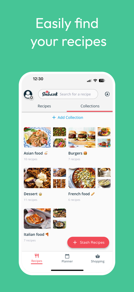 Stashcook app screen displaying organized recipe collections including Asian food, Burgers, and Desserts with high quality food images.