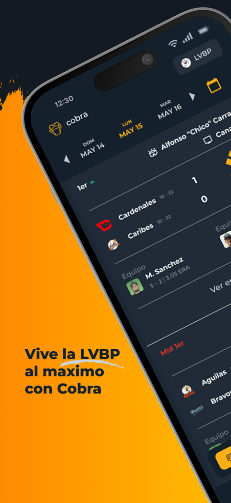 Quinielas Cobra - Mobile app screen of Quinielas Cobra showing live LVBP baseball scores for Cardenales and Caribes