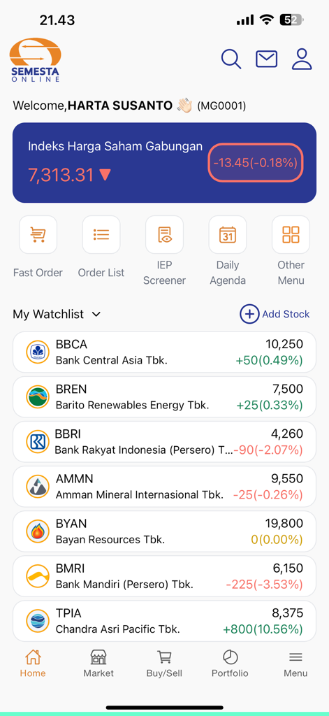 Semesta Online - Semesta Online mobile app dashboard showing the Indonesian stock market index and stock watchlist.