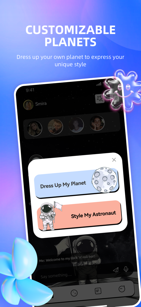 Smira app interface showing customizable planets and astronaut styling options with a celestial theme.