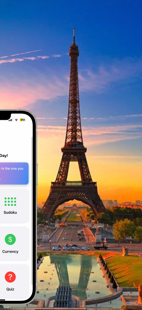 MonRadio France app interface showing Sudoku and Currency tools with the Eiffel Tower at sunset in the background