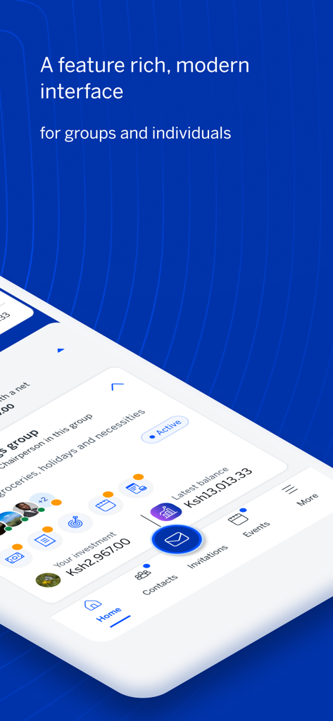 Mobile dashboard of the Stanbic Chama app showing group financial balances and savings goals