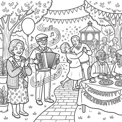 Step into a world of happiness with this delightful coloring page featuring seniors at a vibrant community celebration. Perfect for adults, this intricate design captures heartwarming moments of music, dance, and camaraderie.