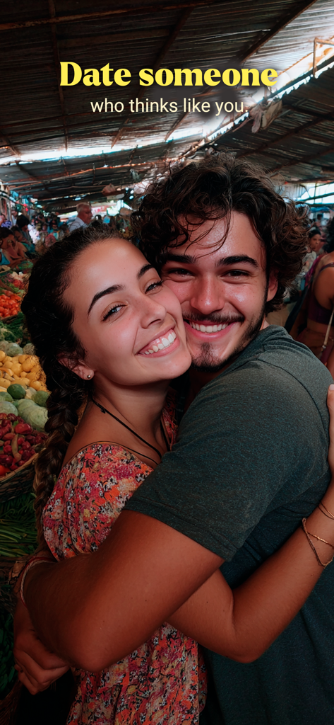 A smiling young couple hugging at an outdoor vegetable market with the text Date someone who thinks like you