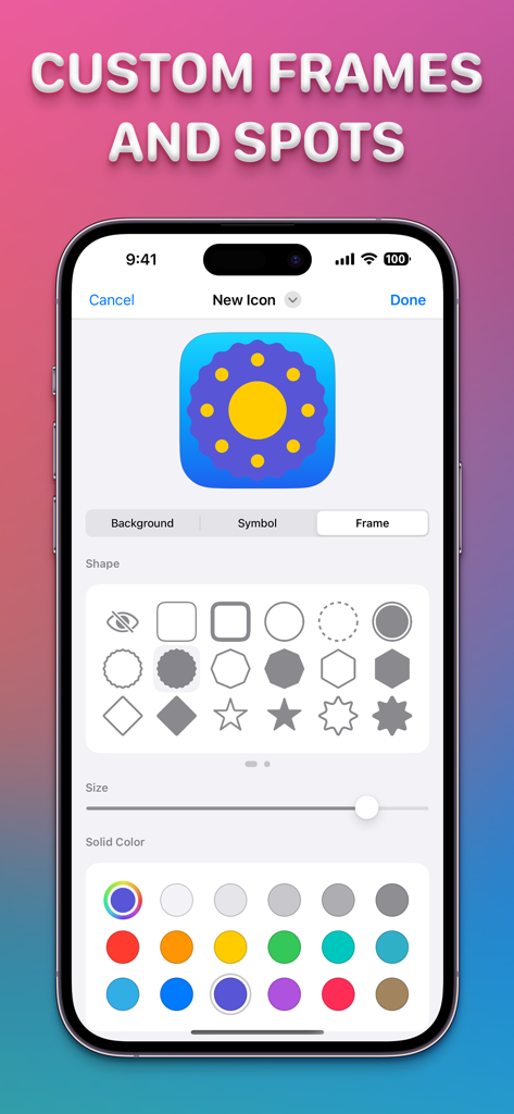Interfaz del creador de íconos personalizados con formas de marco y paleta de colores.