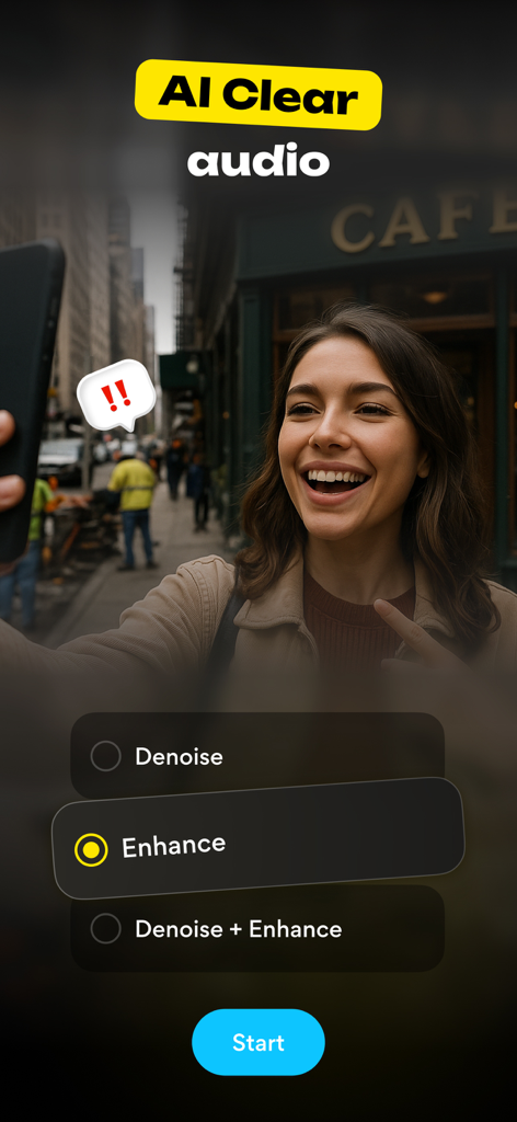 LiroアプリのインターフェースでAIオーディオエンハンスとノイズ除去オプションが表示されている、女性が動画を撮影している