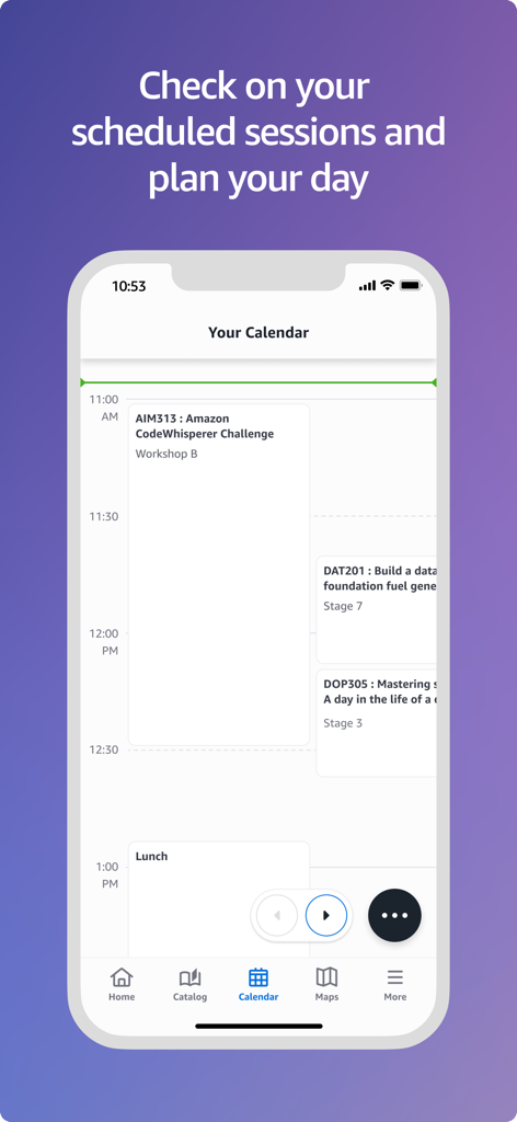 AWS Events - AWS Events mobile app interface showing a daily calendar with scheduled conference sessions