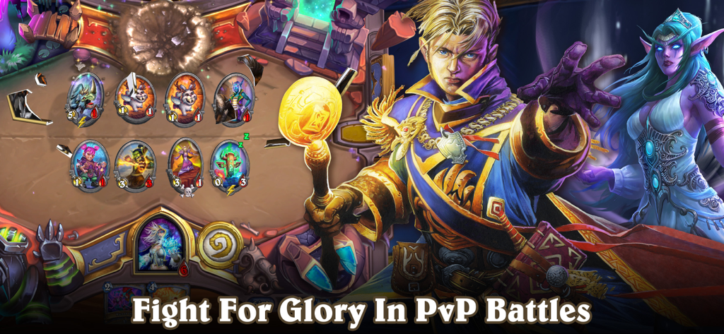 Hearthstone gameplay screenshot showing card combat and characters with the text Fight For Glory In PvP Battles