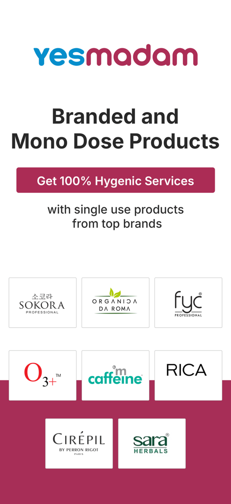 Yes Madam app screen showcasing top beauty brand logos and mono dose products for hygienic home salon services.