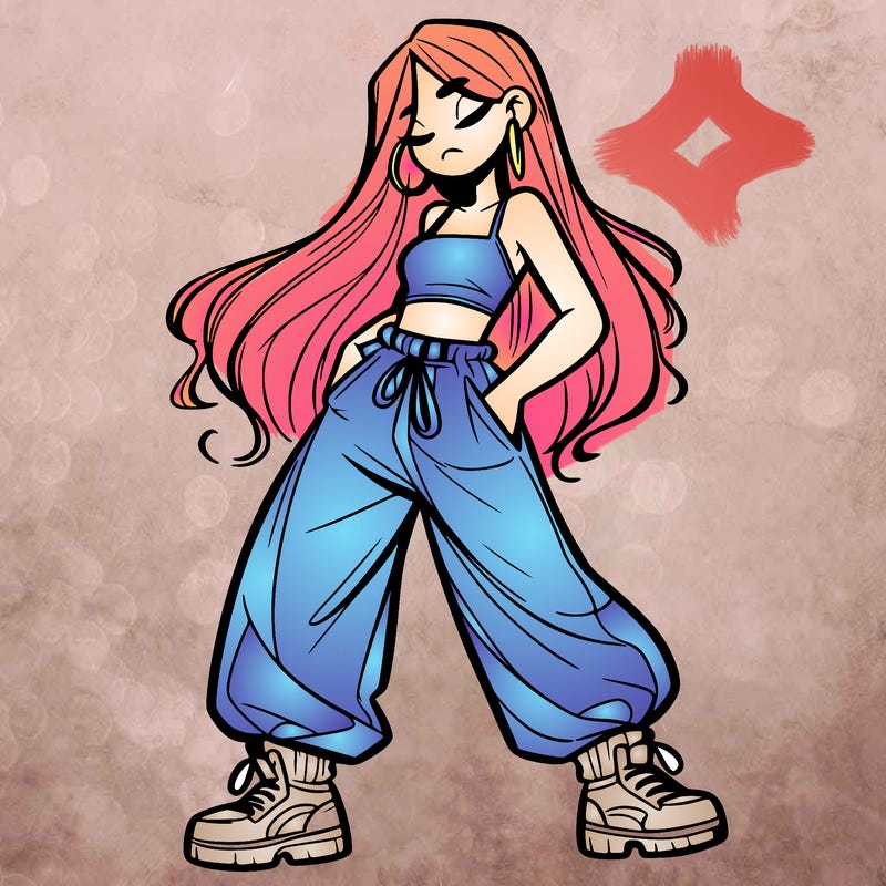 girl in baggy pants crop top and long hair