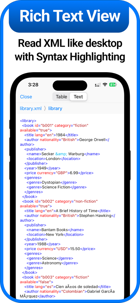 iPhone screen showing XML file with syntax highlighting in rich text view