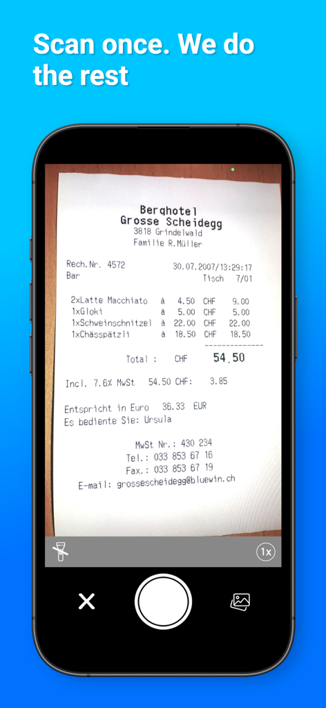 iPhone scanning a restaurant receipt using the Expert Scan PDF Scanner app interface