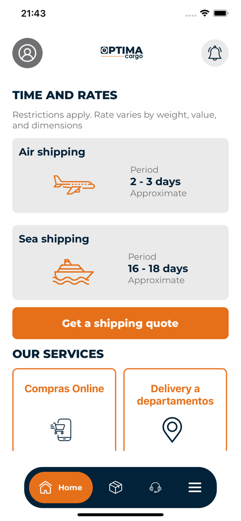 Optima Cargo app screen showing air and sea shipping rates
