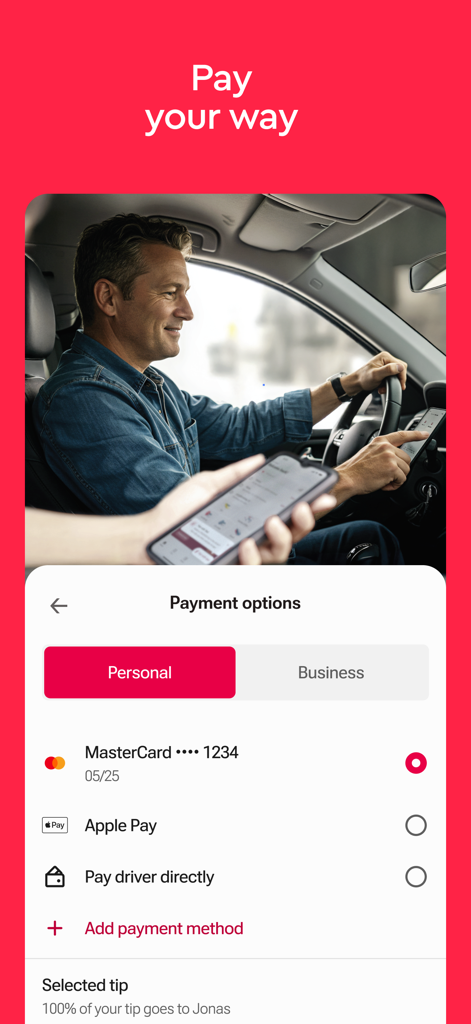 Freenow App-Screenshot, der persönliche und geschäftliche Zahlungsmethoden wie MasterCard und Apple Pay zeigt.
