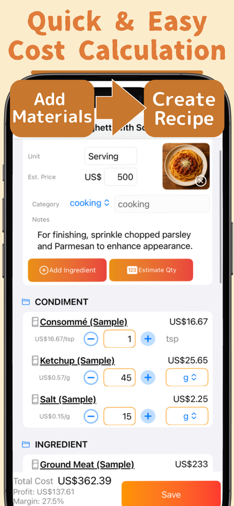 A mobile app screen showing a detailed cost breakdown and profit margin for a spaghetti recipe.