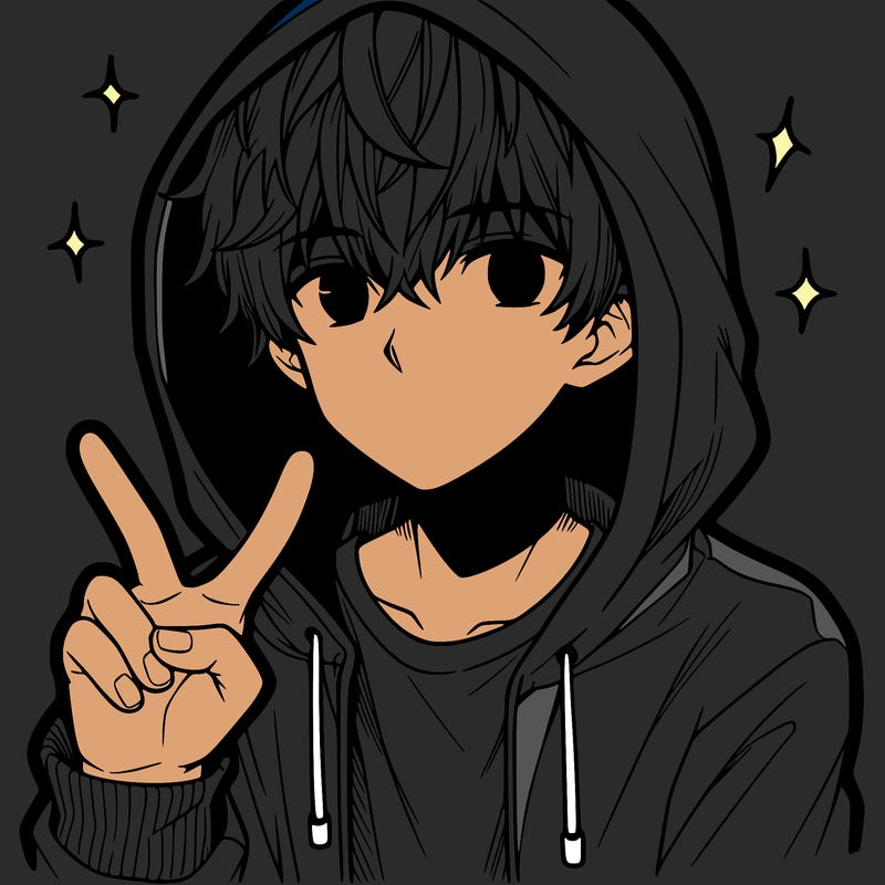 teenage manga boy in a hoodie, doing ✌