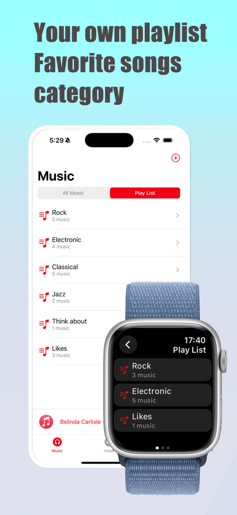 WristPlayer app interface showing music playlists on iPhone and Apple Watch