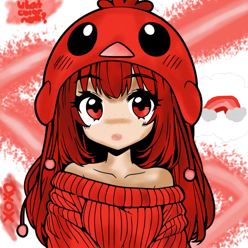 anime girl with chick shaped hat with sweater with bare shoulders with bangs covering them one eye with low tail
