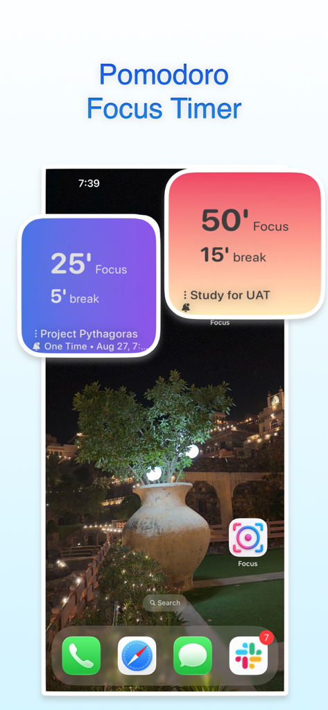 Focus: Pomodoro & Study Timer - iPhoneのホーム画面に、勉強やディープワークのためのカラフルなポモドーロ集中タイマーウィジェットが表示されています。