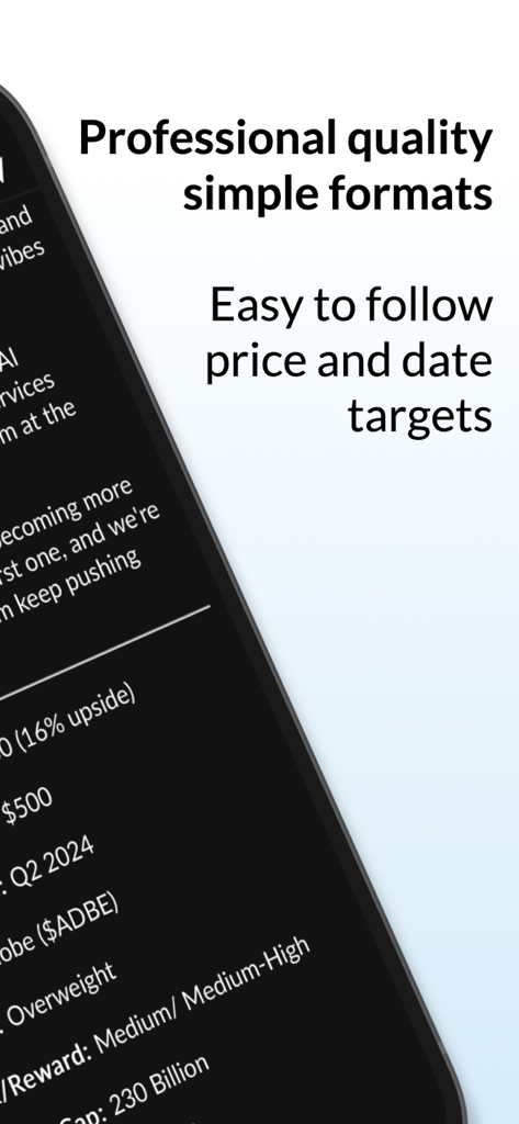 Moby: Invest Smarter - Screenshot of Moby app showing a simplified stock investment report with price targets, upside percentages, and company analysis for Adobe.