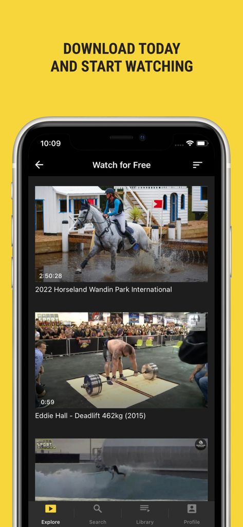 Interfaz de la aplicación My Sport Live mostrando videos gratuitos de deportes de nicho como equitación y levantamiento de pesas.