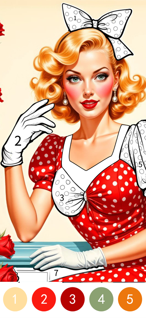 Tela de colorir por número com uma mulher vintage em um vestido vermelho de bolinhas