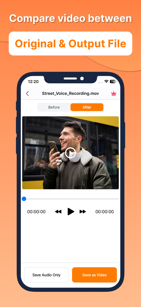 Boost Audio Voice Reduce Noise - Interface of Boost Audio app comparing original and cleaned video files