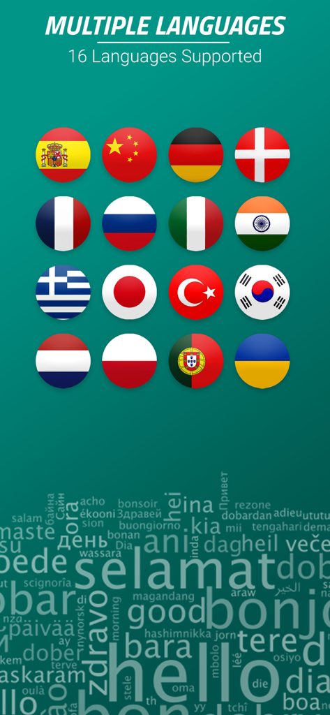 Spartan Home Workouts - Pro - Captura de pantalla de la aplicación Entrenamientos en Casa Spartan que muestra dieciséis idiomas compatibles con banderas nacionales y una nube de palabras de saludo.