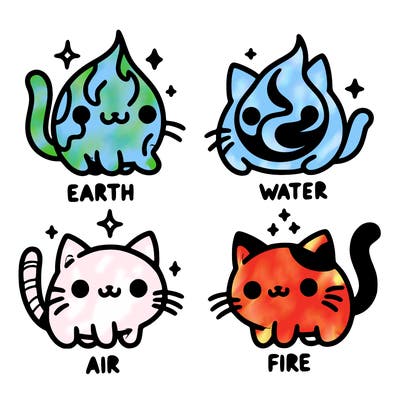 4 cats that represent the different elements, earth, water, air, and fire