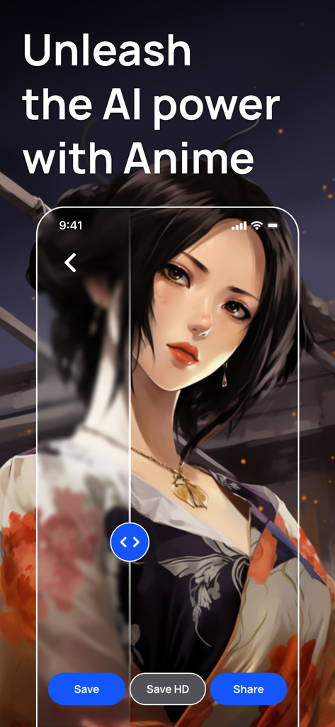 BlurBuster - AI Photo Enhancer - BlurBuster AIアプリでアニメポートレートを鮮明化する、左右比較表示