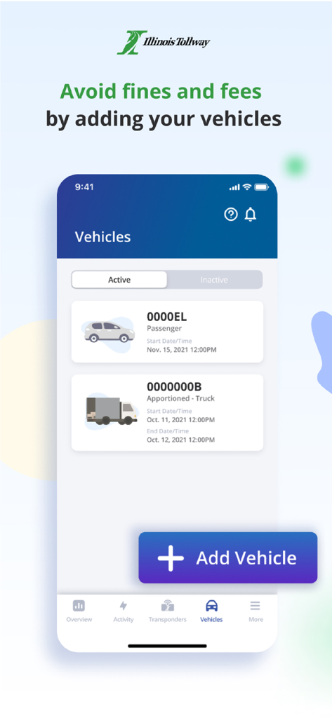 Illinois Tollway app interface showing a list of active vehicles and a button to add new vehicles to avoid fines