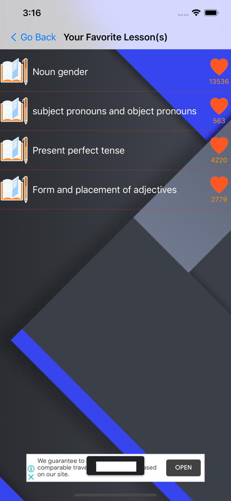 English Grammar in Use & Test - ハートアイコンと閲覧回数が表示された、ブックマークした英語文法レッスンのリストを表示する画面。