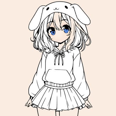 pretty anime girl wearing a fluffy hoodie with bunny ears on the hood and a skirt