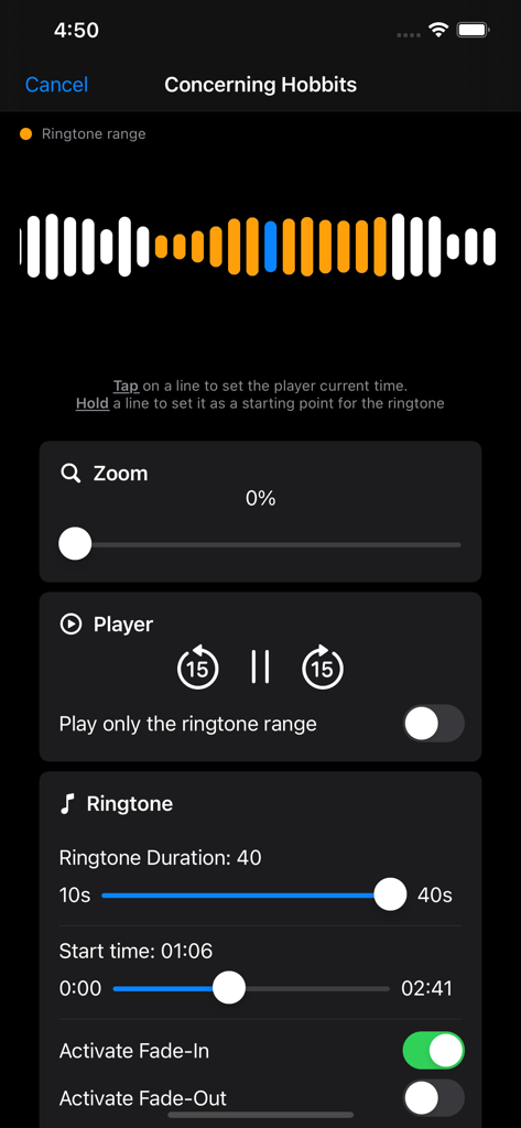 The editing interface of iRingTunes showing audio waveform and fade controls for creating custom ringtones
