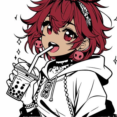 hot baddie anime girl drinking boba and biting the straw