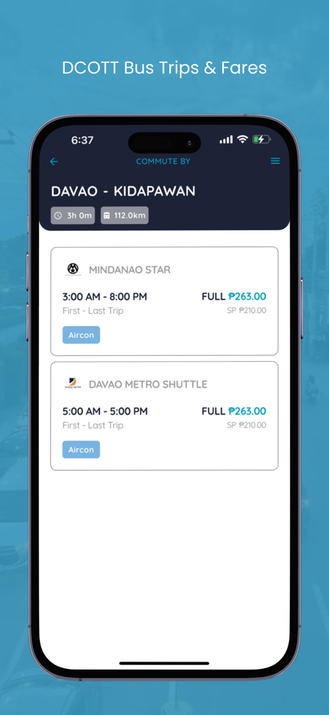 Davao Commuters - Davao Commuters app showing bus schedules and fare prices for the Davao to Kidapawan route