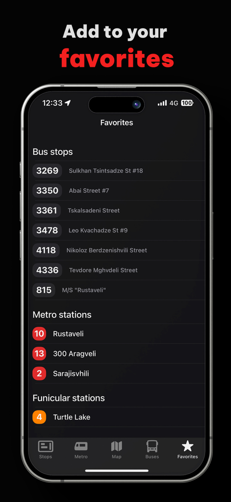 Screenshot of the Tbilisi Bus App Favorites screen showing a list of saved bus stops metro stations and funicular stations