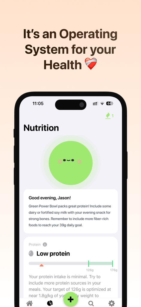 HealthMaxx: AI Calorie Tracker - Interface do aplicativo HealthMaxx exibindo feedback nutricional personalizado e progresso de ingestão de proteína
