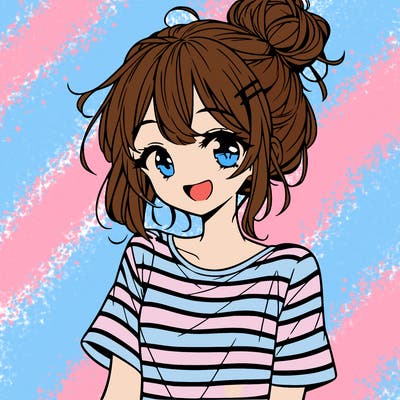 anime girl teenager striped shirt and smile and messy bun