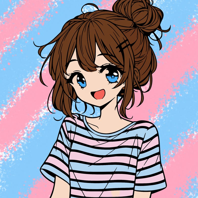 anime girl teenager striped shirt and smile and messy bun