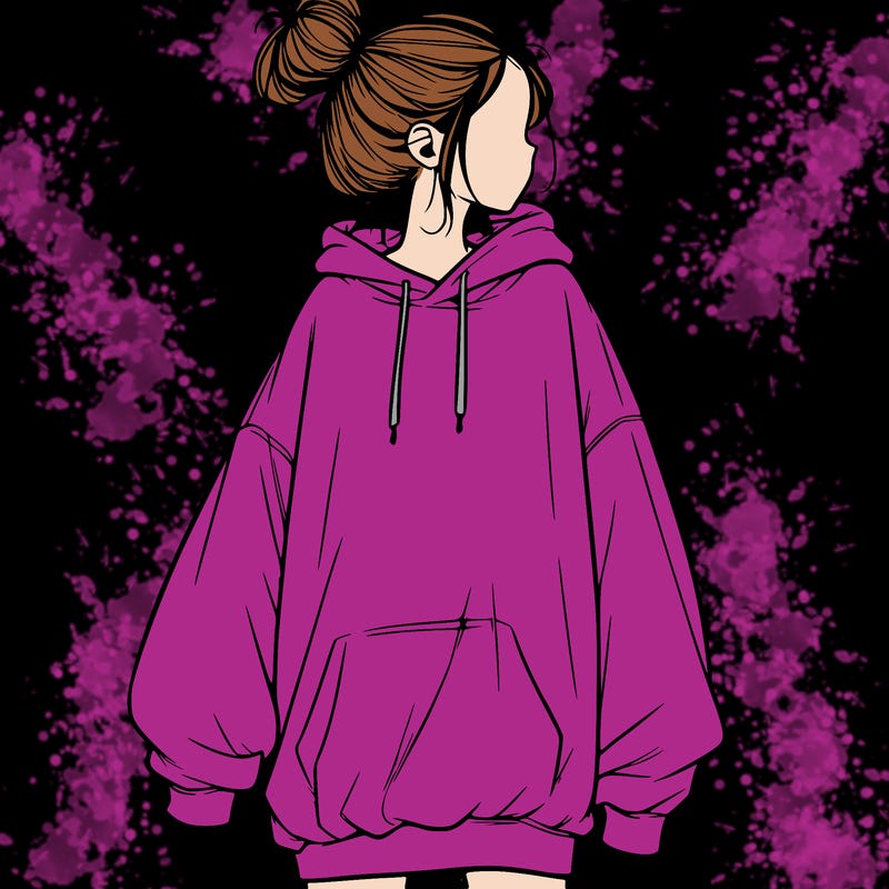 realistic girl with a oversized sweatshirt on and a bun