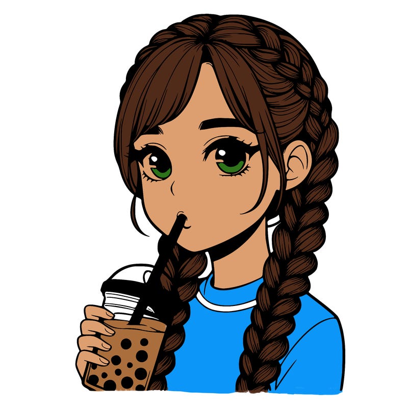 realistic girl with braided hair drinking boba
