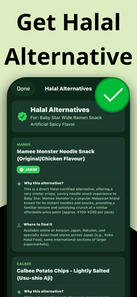 Uma interface móvel do aplicativo Halal Scanner exibindo alternativas de alimentos Halal para lanches não Halal com detalhes de certificação e locais de compra.