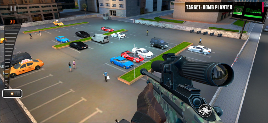 First person sniper scope view of a city parking lot targeting a bomb planter