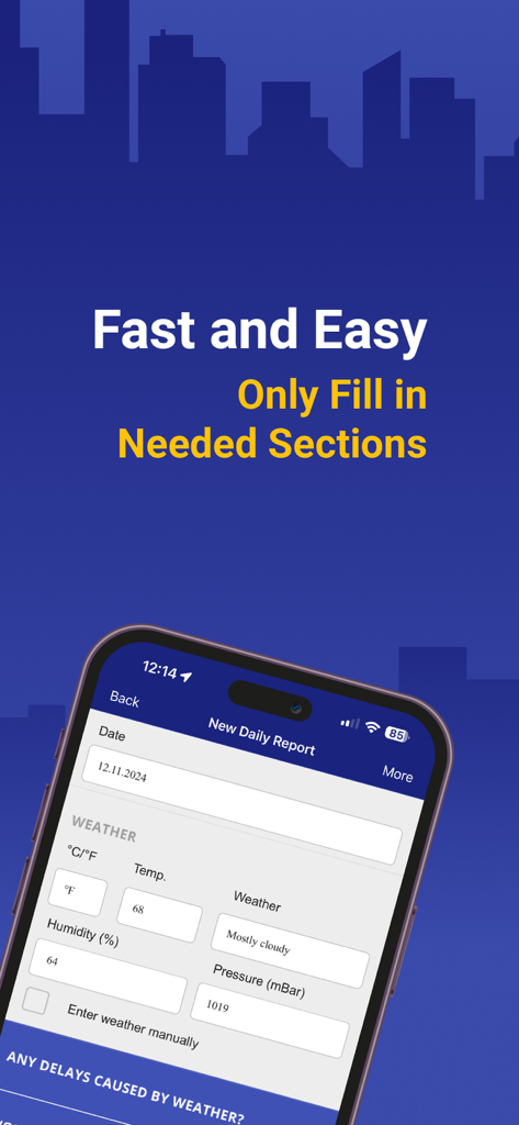 Bautagebuch-App zeigt die Eingabe von Wetterinformationen für einen neuen Bericht an.