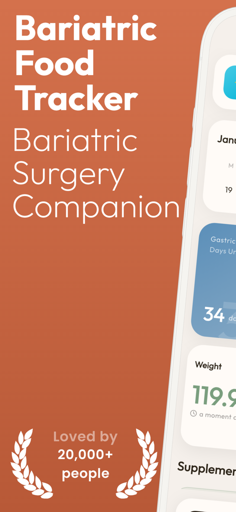 Bariatric Food Tracker - Bari - Bariatric Food Tracker app introductory screen showing surgery companion text and weight tracking interface