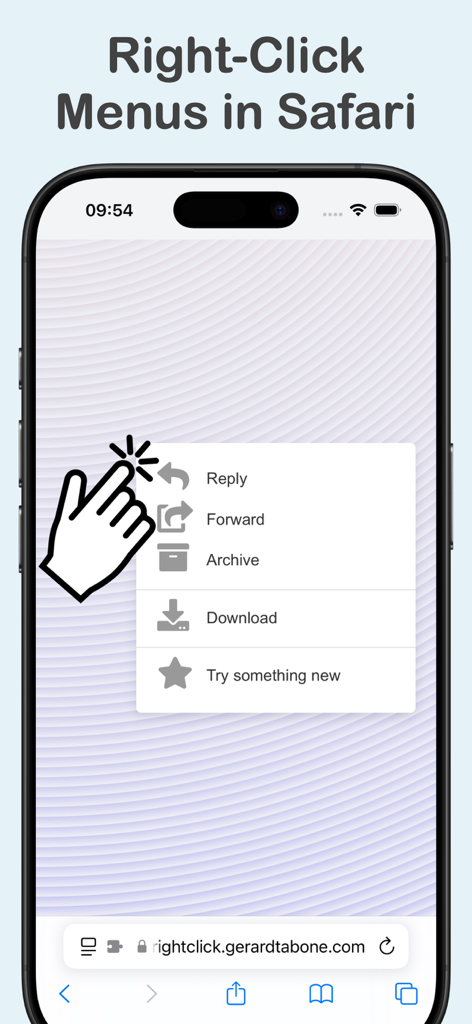 iPhone-Bildschirm zeigt ein benutzerdefiniertes Rechtsklick-Kontextmenü im Safari-Browser