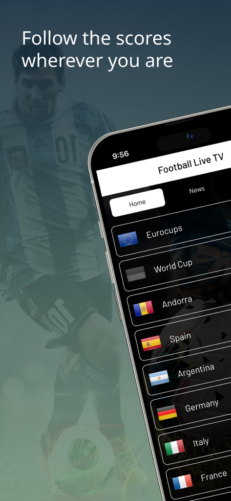 Un teléfono inteligente mostrando la interfaz de la aplicación Football Live TV con una lista de ligas de fútbol, incluyendo la Copa del Mundo, España y Argentina
