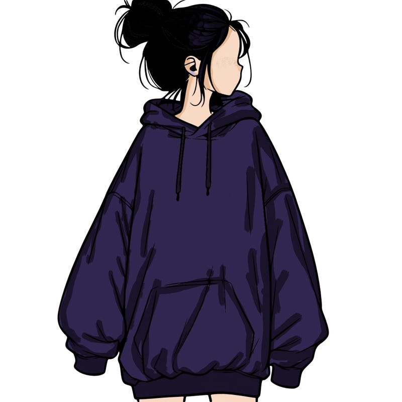 realistic girl with a oversized sweatshirt on and a bun