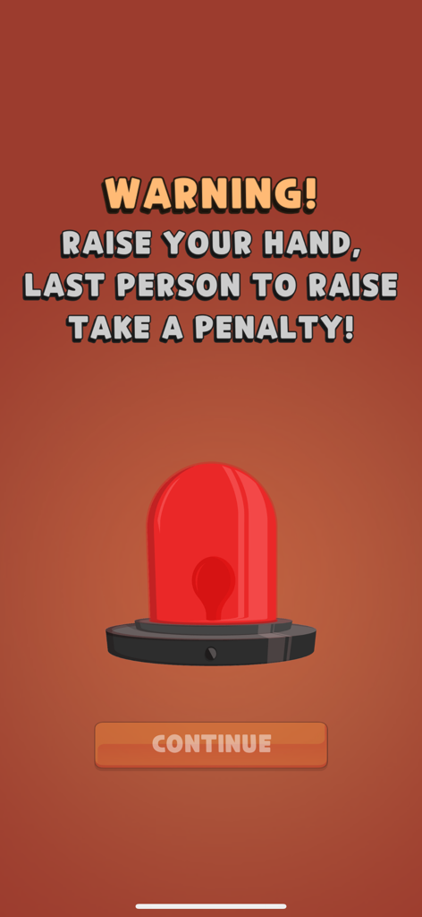 Hey, Dare! Adult Party Games - Una pantalla de advertencia roja en la aplicación Hey Dare con un ícono de alarma que instruye a los jugadores a levantar las manos o recibir una penalización.